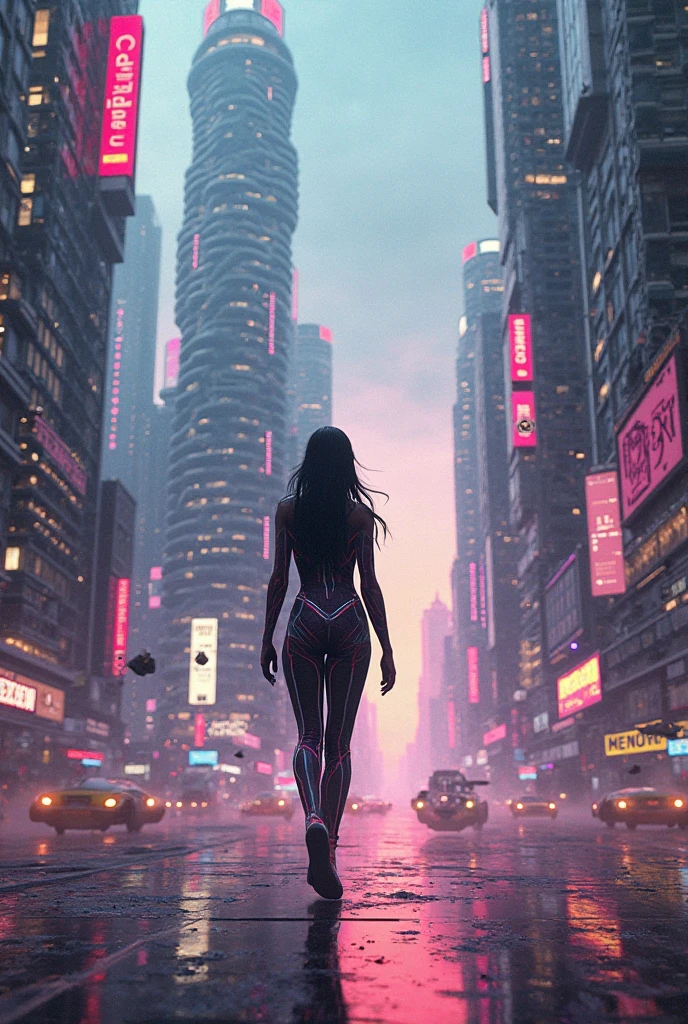 Cyberpunk City,Tokyo,Future City,dark,Pink Neon,Long Hair, Cyborg Woman,Run