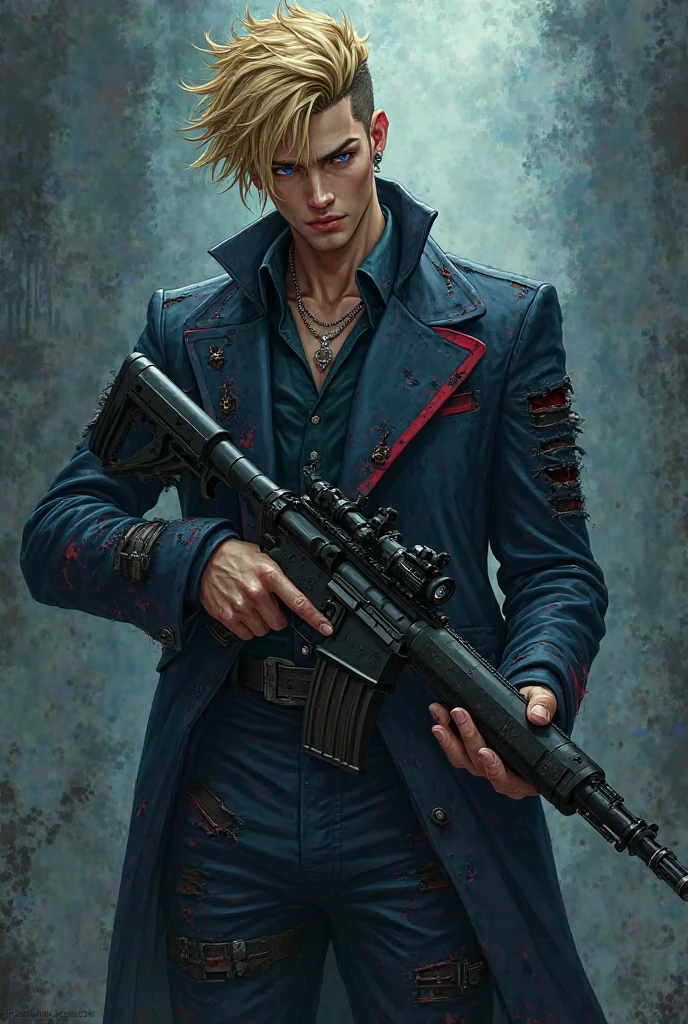 A man with undercut blue eyes and blond hair in a ripped anime-style suit with a sniper rifle