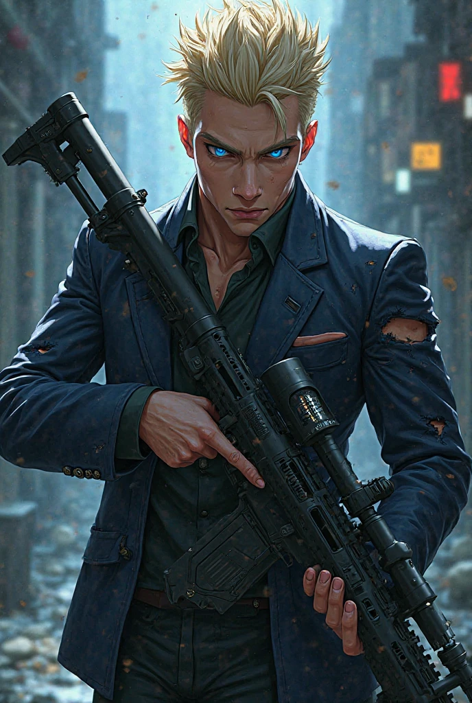 A man with undercut blue eyes and blond hair in a ripped anime-style suit with a sniper rifle