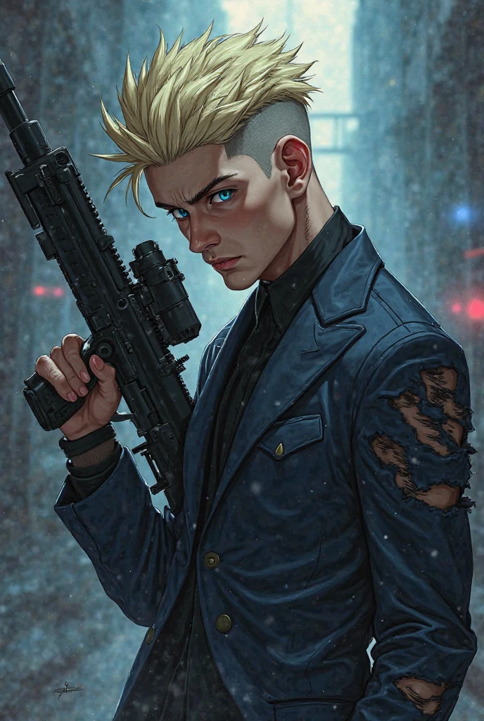 A man with undercut blue eyes and blond hair in a ripped anime-style suit with a sniper rifle