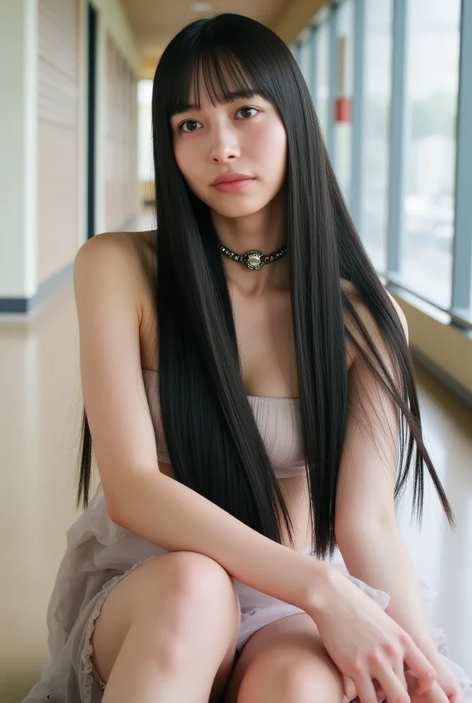 ((highest quality)), ((masterpiece)), (be familiar with), perfect face (Close-up of one girl)(She is an 18 year old high school girl)((highest quality)), ((masterpiece)), (become familiar with), perfect face arafed woman with long black hair standing in front of a wall, long black shiny hair, 黒いsilky hair, Extra Dark Natural Black Hair, long straight black hair, long black straight hair, Perfect silky straight hair, straight black hair, long black hair, her hair is long and straight, detailed long black hair sfw huge breasts (huge breasts 1.8) (Super long hair down to the ankles) (standing model) sensual look erotic expression neat bangs The neatly trimmed bangs are princess cut and cover the entire forehead.. bright red lips fine hands fine fingers five fingers (narrow mouth) natural makeup (Head forward) beautiful japanese girl face, Yoshitomo Nara, Japanese facial features, Real young gravure idol with long hair standing in a room, shiny long hair, long black shiny hair, long, straight brown hair, her hair is long and straight, super long hair girl, black silky hair, long black hair, silky hair, Long flat hair, Silky texture, with long hair, long flowing brown hair, thin and shiny hair white sailor suit super short navy pleated skirt detailed eyes detailed mouth the corners of the mouth rise slightly blushing face Standing with a slouch front view Facing forward and looking at the viewer kiss face