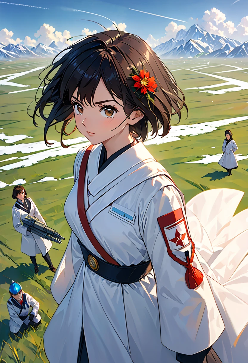 science fiction,SFmovie,artillery,Long-range missiles,movie「Foundation」Based on ,female,adults,main character, 28 years old , hopeful face,brown eyes in the oral ,Short Hair,Black hair mixed with gray hair ,Scientist Uniform,White researcher's coat,Wide grassland,Rebel, Chaotic,Future World,Socialist World,snow,chaos