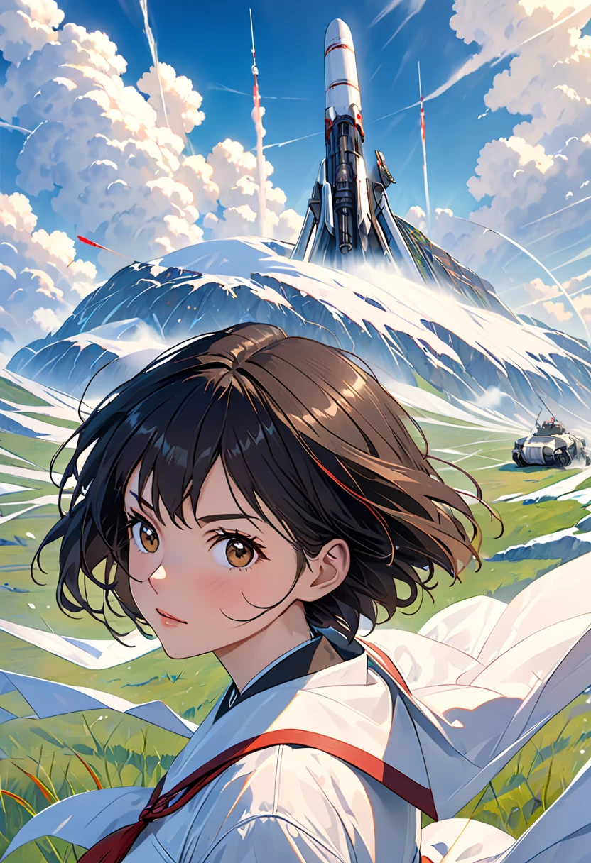 science fiction,SFmovie,artillery,Long-range missiles,movie「Foundation」Based on ,female,adults,main character, 28 years old , hopeful face,brown eyes in the oral vagina,Short Hair,Black hair mixed with gray hair ,Scientist Uniform,White researcher&#39;s coat,Wide grassland,Rebel, Chaotic,Future World,Socialist World,snow,chaos