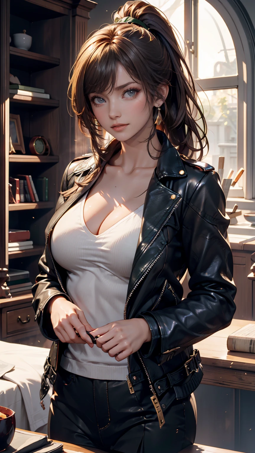 1 girl, solo, face, PORTRAIT, long hair, ponytail,  Gold, green eyes, big breasts, (black leather jacket:1.2) , Chest,  schools, Brushing,  watching, 