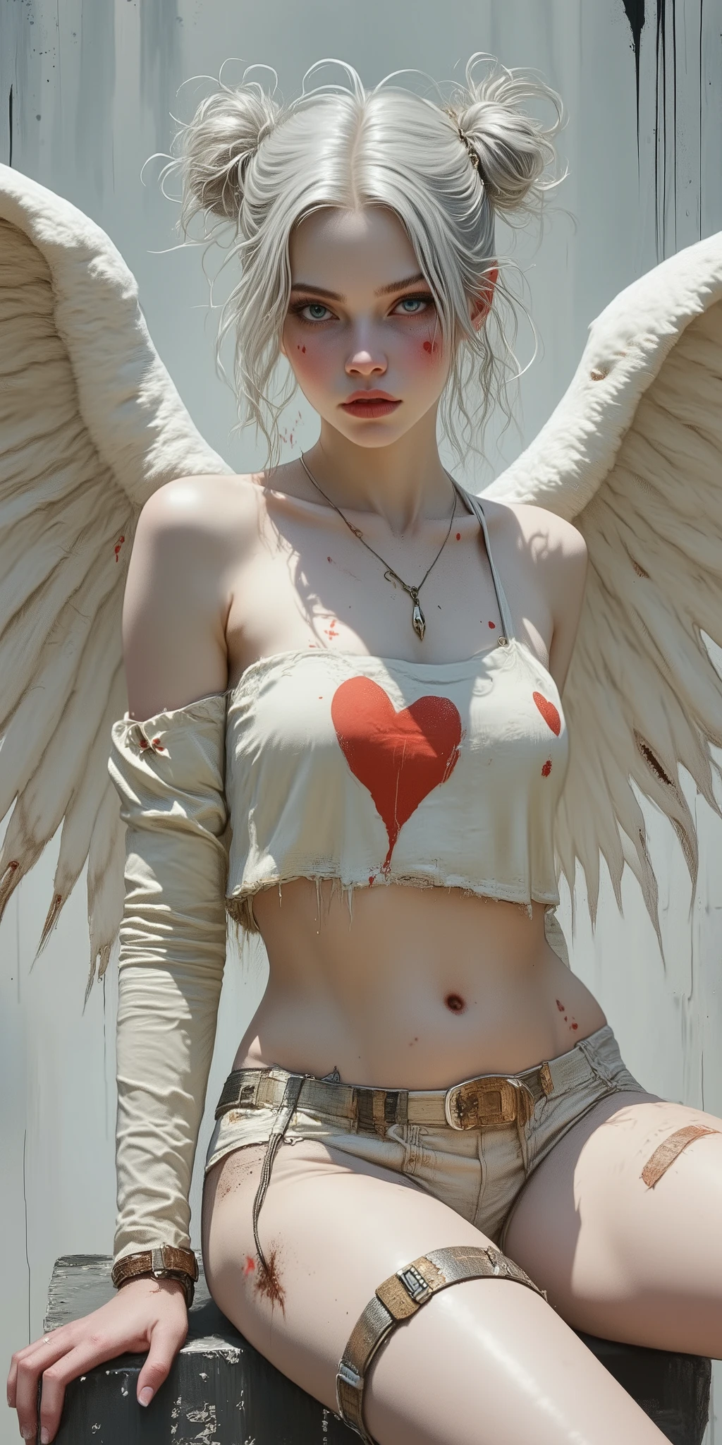 age girl, light gray hair in twin buns, adorned with small red hearts.  Pale skin, with light-gray eyes and small, delicate red heart-shaped markings on cheeks.  Serious, almost melancholic expression.  age girl with  a distressed, slightly edgy,  cosplay outfit.  Off-white, cropped top with a large red heart, distressed look,  and long sleeves.  Matching off-white shorts, with leather-like details, metallic accents and straps.  Worn appearance, with some bloodstains and grunge details.  Large white angel wings with some damage or dirt, detailed vein-like patterns.  Sitting pose with a slight lean forward, revealing a bit of her midriff.  Soft, diffused lighting creating a slight shadow play on the figure.  Neutral gray background,  with muted tones and soft shadows.  Realistic, highly detailed,  digital painting, character art style.  Medieval-fantasy aesthetic, yet with a touch of angst.  Detailed, hyperrealistic facial features and soft textures. Focus on detail.  Dramatic, almost romantic,  but with a dark undertone.