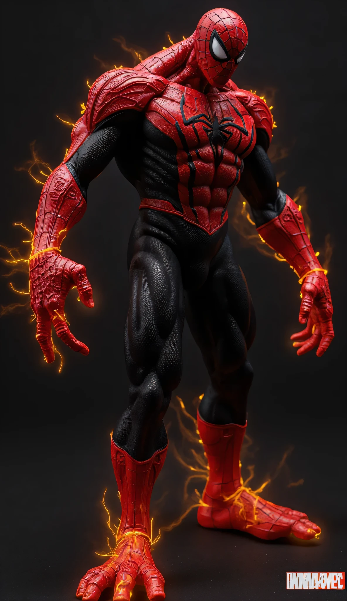 Video surveillance. Hybrid Spider-Man Venom, bright red and black suit full of fiery aura, dark black HD quality 8. K. He heads straight for the camera. undefined, Mouth closed 