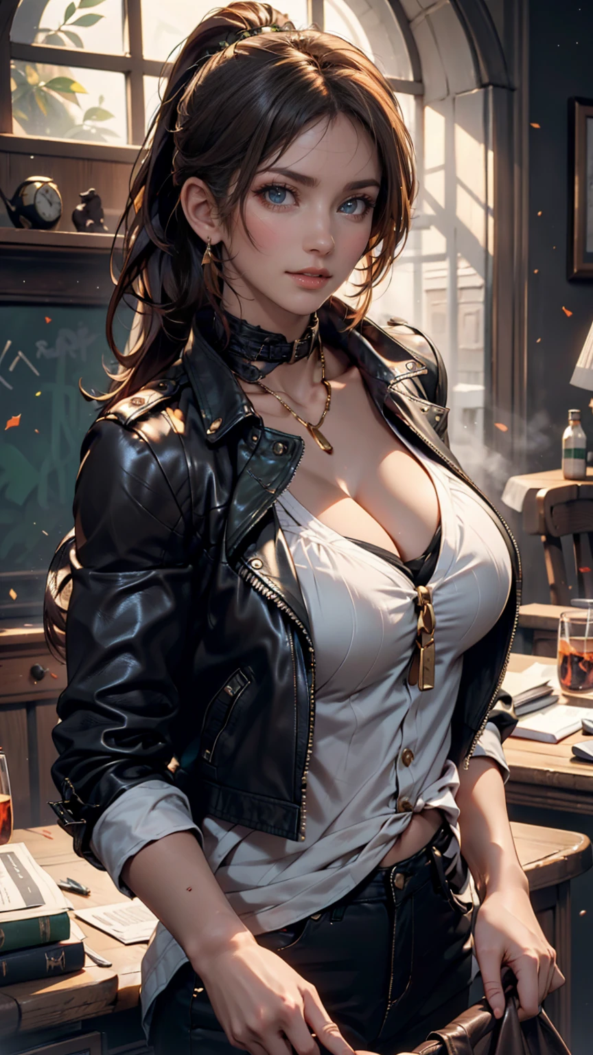 22 years old, (milf:0.8), (solo:1.5), (sfw:1.25), cute breast, beautiful breasts, medium tits, thin waist, big ass:1.0, Raised sexy, (beret, black jacket, open clothes, cleavage, midriff, black shorts, black thighhighs, thigh strap, fingerless gloves, single glove:1.2), blue eyes, light smile, big , Revimpling fabric, earrings, Hand gloves, detailed face,(smoking:1.3),long hair,side ponytail,hair between eyes,bangs,detailed and beautiful eyes,beautiful detailed lips,Rolling her eyes,manner,hair over one eye, (ultra high resolution, 8K RAW photo, photo realistics, thin outline:1.3, clear focus), best qualtiy, natural lighting, textile shading, blurry back ground, field depth, (Bright pupils, fine detailed beautiful eyes with highlight:1.3, high detailed face), Red lip, fine realistic skins:1.1, looking down viewers:1.3, (dynamic angle:1.3, front view:1.1, breast focus:1.3, from below:1.2), (dynamic posing:1.5, sexy posing:1.2),Youghal, side lock, hair ornaments, hair band,nice,garden background,artistic rendering,Super detailed,(highest quality,4k,8K,High resolution,masterpiece:1.2),Bright colors,studio lighting