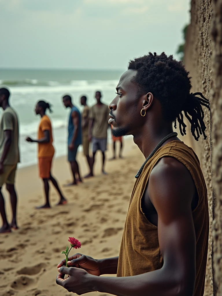 A black teenager covered in semen, while masturbating and cumming, on the sand