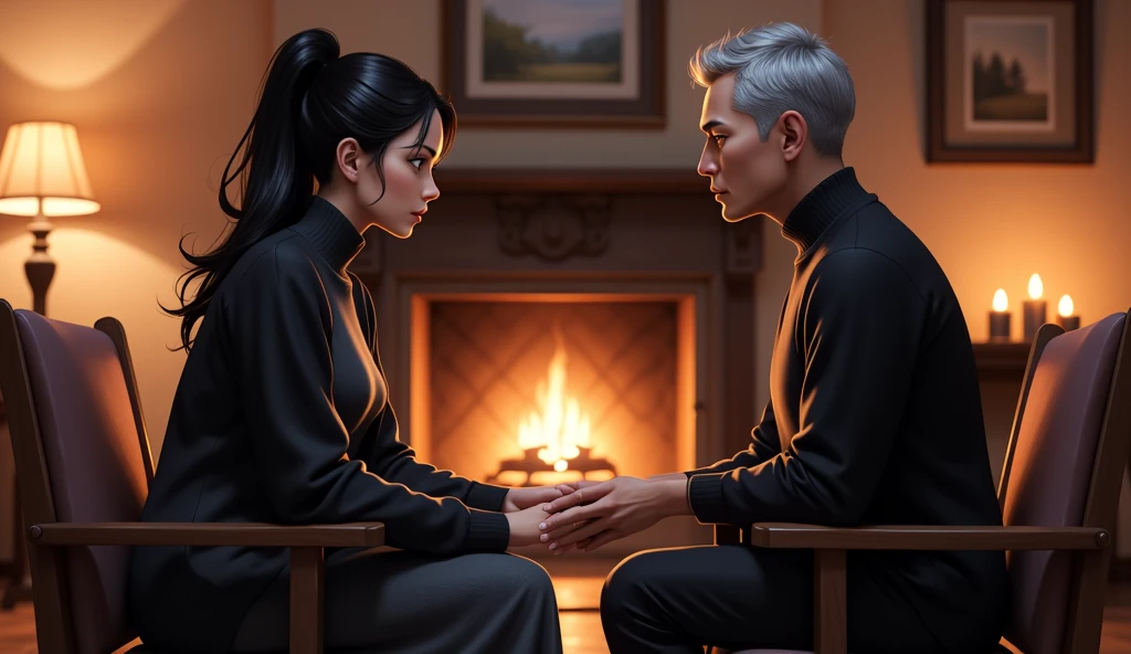 Full-length view from a distance in bright colorful colors.  realistic anime. American framing, Pixar style в сочетании с аниме, soft , format but in bright colors, stylized 3D rendering with smooth cartoon textures. Long distance view from afar. Stylized 3D ralist anime, soft side lighting, Pixar style, Unreal Engine,  realistic cartoon . Long distance front view - long distance. Serious male oncologist, 50 years old, cold facial expression, короткие grey hair, atmospheric lighting, dramatic focus. he and she sit opposite each other by the fireplace, talking, warm, rustic interior, amber lit, женщина в возрасте 50 years old. grey hair. On she has a long dark grey turtleneck dress and a long black cardigan. in simple, complicated hands against burning candles, modest interior, American focus,