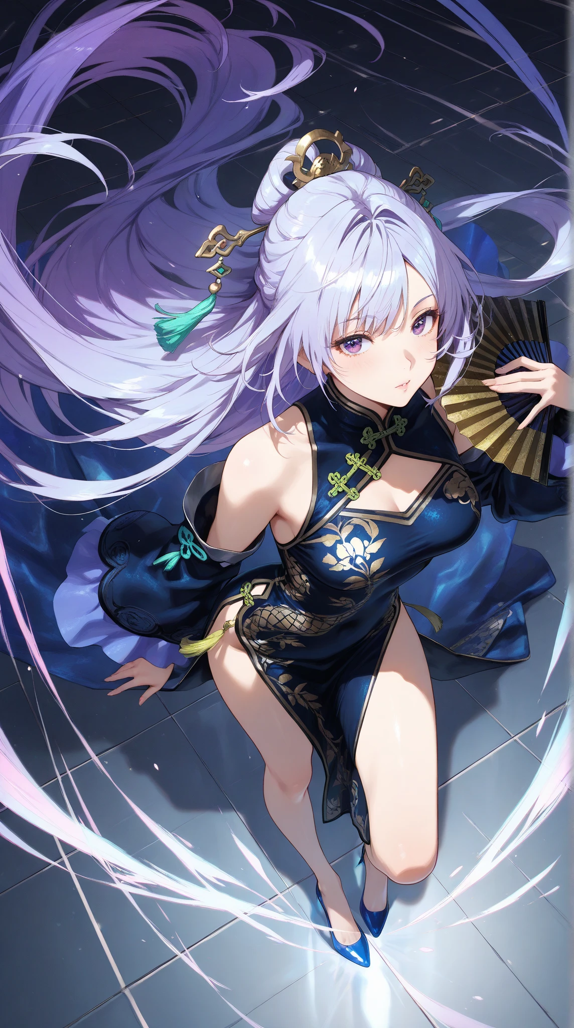 One girl, China dress ,Gray Hair, Purple eyes, magic circle, Blue Fire, Blue Flame, wallpaper, landscape, Depth of written boundary, night,star々,moon, Particles of light, light, Side Lighting, Thighs, destiny \(series\), skirt,Excited for adventure, cloud