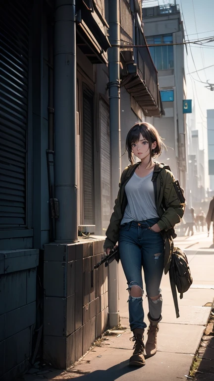 masterpiece, ultra high definition, cinematic composition,  wide angle shot , semi-live-action illustration, Soft and gloomy lighting at dusk, Warm and cool colors, A quiet and tense atmosphere.

woman is standing with both hands holding a pistol in a firm position, and. Both woman and man are clearly visible on the screen,, long hair tied neatly, old combat uniform-style clothing(Khaki jacket, Ripped Pants, practical backpack)Put on , clothing with dust and faint stains. with shiny dust particles in backlight, slightly frightened expression, casual shirt and pants(gray shirt, Jeans)with slight dirt and wear and tear, short hair.

An abandoned city where he grew up, A quiet and tense atmosphere, broken concrete road, Blurred city skyline in the distance. a scene where a woman holds a pistol and points at a man at a distance of 4 footsteps {x} Sunlight seeps through the building and dust particles floating in the air sparkle, Axle of light in the air(godrays), Wear thigh socks, combat uniform-style clothing and a practical backpack in strip style, A high-rise building covered with vines and moss.

The man raised his hands behind his back Retreated position, Emotionally restrained composition, Analog Textures.