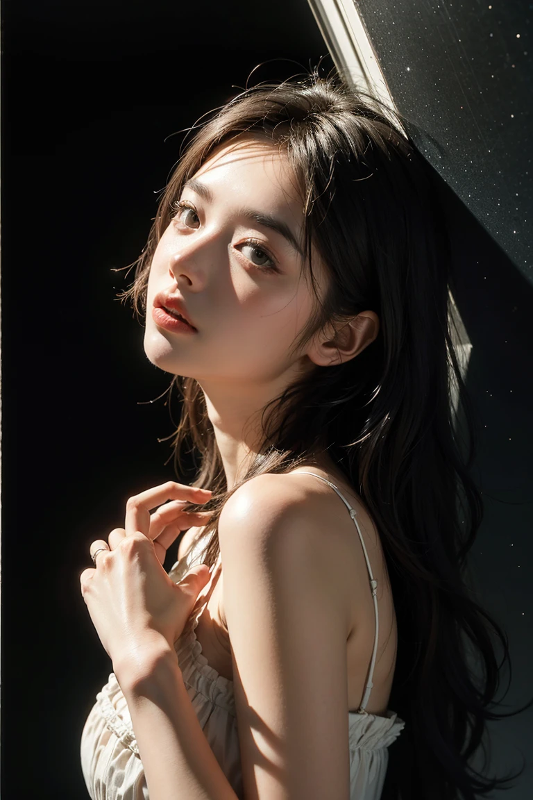 (best quality,masterpiece:1.2),8k,ultra high res,ultra detailed,best quality,looking at viewer,perfect lighting,flat light,ultra high quality,ultra high res,masterpiece,photorealistic,detailed face,(simple background),(maroon background), naked portrait, nude photography, shiny nipple, show armpit