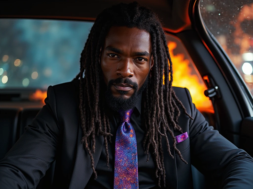 Front view of detail sharp hyper realistic sharp detail Hyper-dramatic looking intensely black man with long long long long dreadlocks, goatee, bread, wearing a detailed sharp hyper realistic hip-hop style black suit, with a detailed sharp hyper realistic purple and blue and a little bit of red tie made of fire on, as his Dreadlocks and tie out the drive side window, urban city night.
