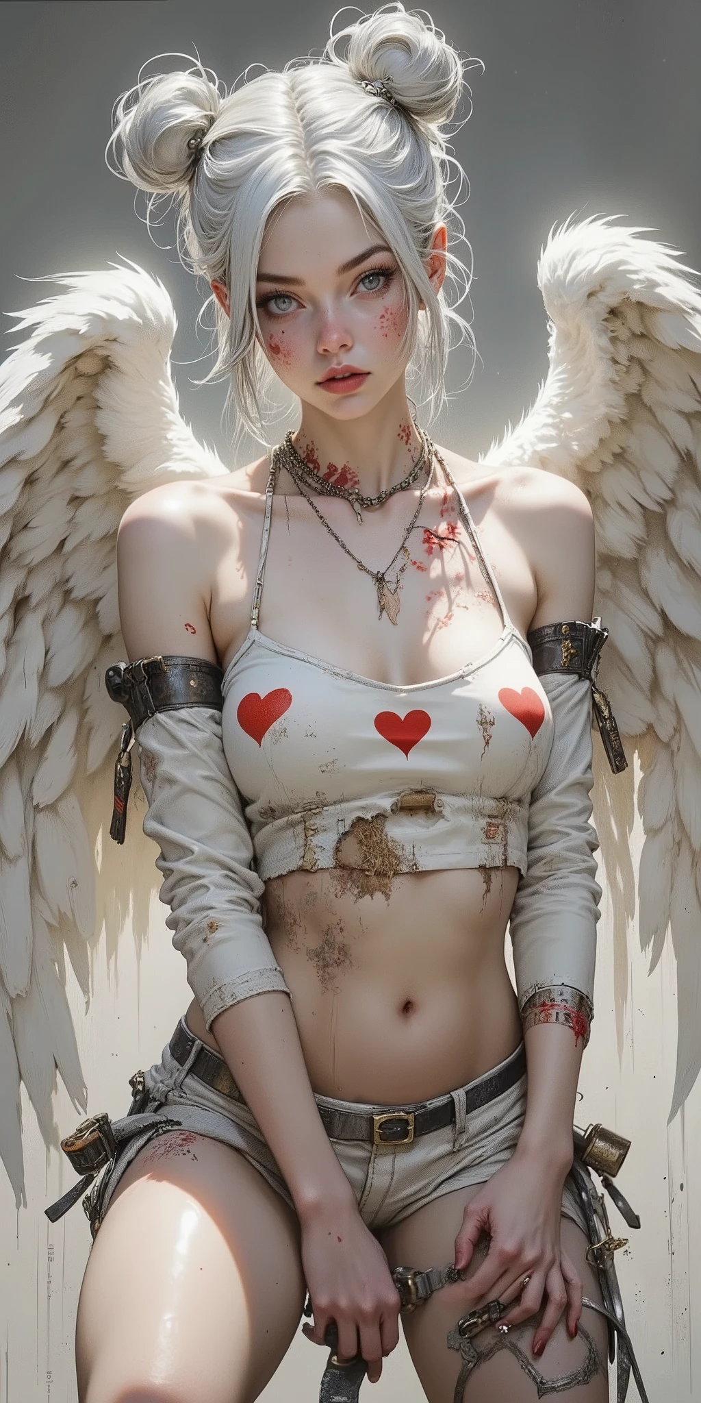 age girl, light gray hair in twin buns, adorned with small red hearts. Pale skin, with light-gray eyes and small, delicate red heart-shaped markings on cheeks. Serious, almost melancholic expression. age girl with a distressed, slightly edgy, cosplay outfit. Off-white, cropped top with a large red heart, distressed look, and long sleeves. Matching off-white shorts, with leather-like details, metallic accents and straps. Worn appearance, with some bloodstains and grunge details. Large white angel wings with some damage or dirt, detailed vein-like patterns. Sitting pose with a slight lean forward, revealing a bit of her midriff. Soft, diffused lighting creating a slight shadow play on the figure. Neutral gray background, with muted tones and soft shadows. Realistic, highly detailed, digital painting, character art style. Medieval-fantasy aesthetic, yet with a touch of angst. Detailed, hyperrealistic facial features and soft textures. Focus on detail. Dramatic, almost romantic, but with a dark undertone.