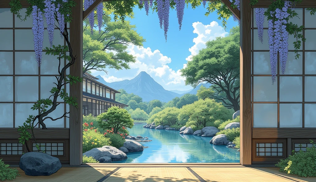 Garden seen from a Japanese Japanese-style room,tatami,Pool,Plants,purple wisteria flower,Sunlight,blue sky,cloud