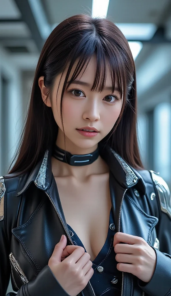 quality、tmasterpiece、超高分辨率、(真实感:1.4)、RAW photoechanical angel、large wings made of metal、white latex body、1 girl、black hair color hair、Glowing and radiant skin、1 mechanical girl、((Ultra-realistic details))、Potrat、globalillumination、cel shadow、Octagonal rendering、8K、Super sharp、Character edge light,Colossal titposed skin、Intricate decorative details、Hydraulic cylinder、highly intricate detail、True ray tracing、a purple eye、Radiant Eyeacing at the camera、neon light detail、Mechanical limb、The blood vessels are connected to the tube、Mechanical vertebrae attach to the back、Cervical spine mechanical fixation in the neck、cow boy shooting、Sumerian details、Small LED light、