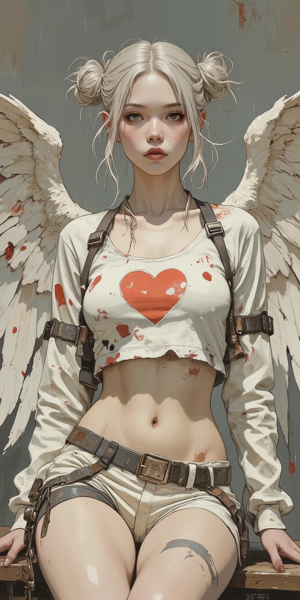age girl, light gray hair in twin buns, adorned with small red hearts. Pale skin, with light-gray eyes and small, delicate red heart-shaped markings on cheeks. Serious, almost melancholic expression. age girl with a distressed, slightly edgy, cosplay outfit. Off-white, cropped top with a large red heart, distressed look, and long sleeves. Matching off-white shorts, with leather-like details, metallic accents and straps. Worn appearance, with some bloodstains and grunge details. Large white angel wings with some damage or dirt, detailed vein-like patterns. Sitting pose with a slight lean forward, revealing a bit of her midriff. Soft, diffused lighting creating a slight shadow play on the figure. Neutral gray background, with muted tones and soft shadows. Realistic, highly detailed, digital painting, character art style. Medieval-fantasy aesthetic, yet with a touch of angst. Detailed, hyperrealistic facial features and soft textures. Focus on detail. Dramatic, almost romantic, but with a dark undertone.