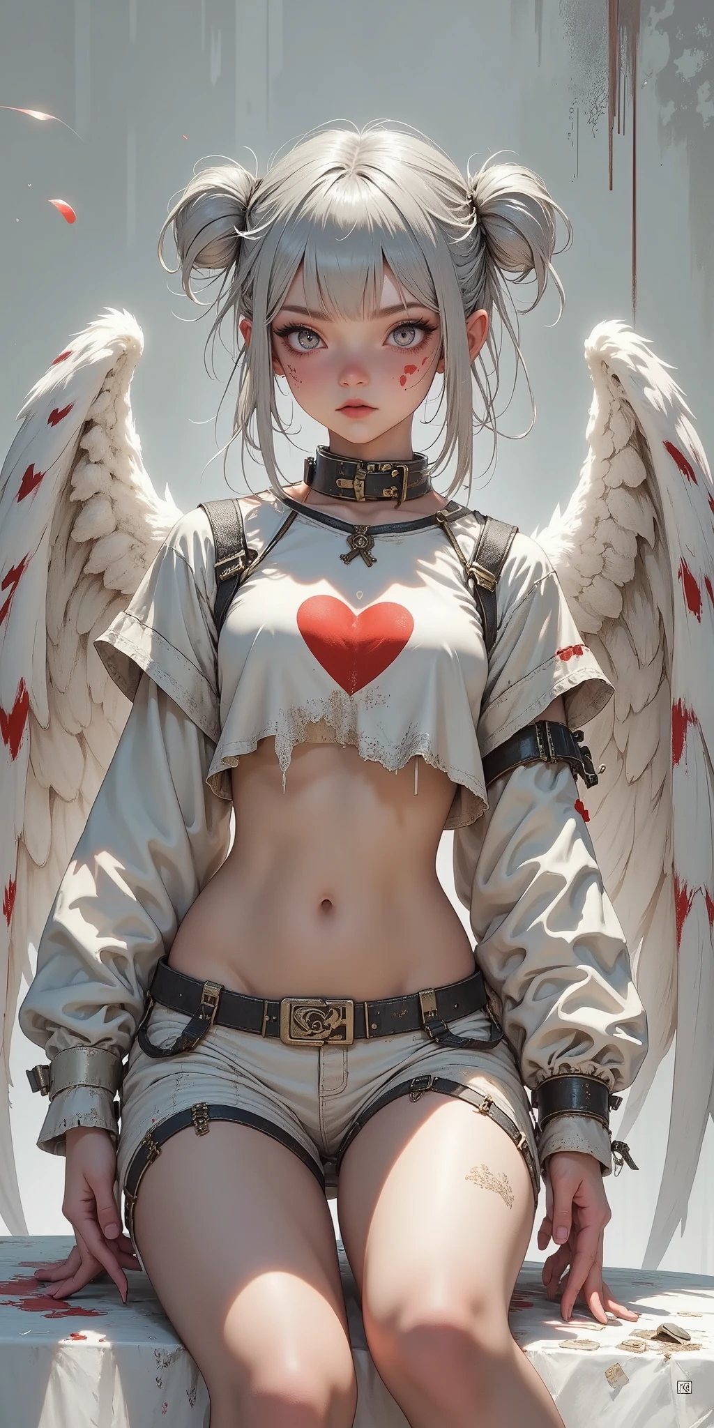 age girl, light gray hair in twin buns, adorned with small red hearts. Pale skin, with light-gray eyes and small, delicate red heart-shaped markings on cheeks. Serious, almost melancholic expression. age girl with a distressed, slightly edgy, cosplay outfit. Off-white, cropped top with a large red heart, distressed look, and long sleeves. Matching off-white shorts, with leather-like details, metallic accents and straps. Worn appearance, with some bloodstains and grunge details. Large white angel wings with some damage or dirt, detailed vein-like patterns. Sitting pose with a slight lean forward, revealing a bit of her midriff. Soft, diffused lighting creating a slight shadow play on the figure. Neutral gray background, with muted tones and soft shadows. Realistic, highly detailed, digital painting, character art style. Medieval-fantasy aesthetic, yet with a touch of angst. Detailed, hyperrealistic facial features and soft textures. Focus on detail. Dramatic, almost romantic, but with a dark undertone.