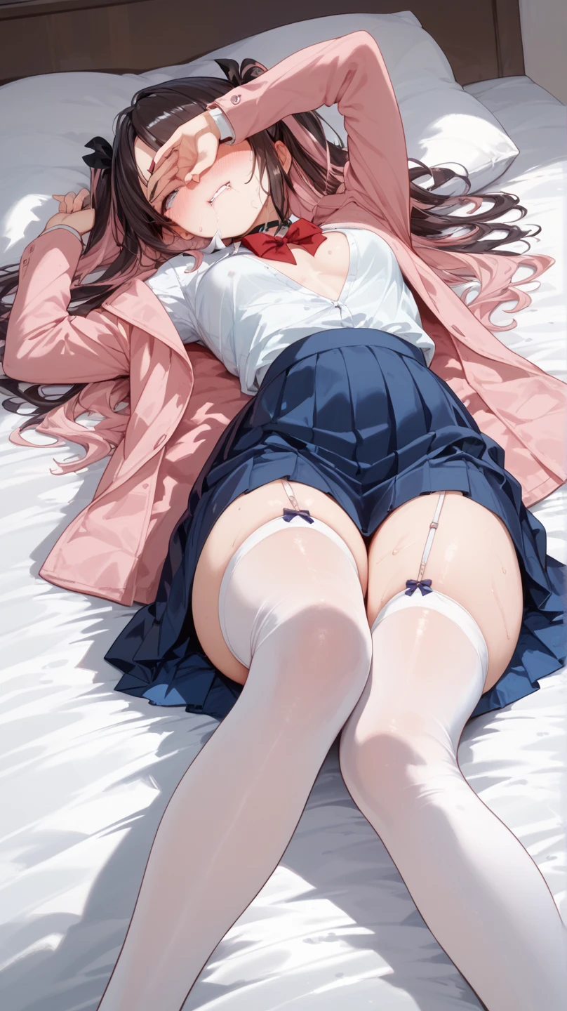 (highest quality()),1 18-year-old woman,female student uniform,short skirt,whole body,nsfw,lie down,tears,cry,Show your pants,pink hair, face,one eye closed,a painful face,twin tails,white stockings,blush,black high heels