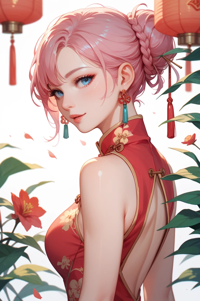 Obra-prima, melhor qualidade, dia, ao ar livre, festivais, celebrando, 1 mulher, solo, mulher madura, madura, Chinese Style, China antiga, Sister, royal sister, feliz, sorrindo, prata branca mulher de cabelos curtos , olhos azuis cinzentos, cabelo algemado, franja, pink peach flower on head, light pink lips, roupa branca, cabelo rosa, corpo inteiro, magra, bonita, delicada, uma fita vermelha no cabelo
