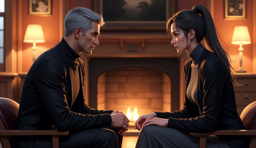 Full-length view from a distance in bright colorful colors.  realistic anime. American framing, Pixar style в сочетании с аниме, soft , format but in bright colors, stylized 3D rendering with smooth cartoon textures. Long distance view from afar. Stylized 3D ralist anime, soft side lighting, Pixar style, Unreal Engine,  realistic cartoon . Long distance front view - long distance. Serious male oncologist, 50 years old, cold facial expression, короткие grey hair, atmospheric lighting, dramatic focus. he and she sit opposite each other by the fireplace, talking, warm, rustic interior, amber lit, женщина в возрасте 50 years old. grey hair. On she has a long dark grey turtleneck dress and a long black cardigan. in simple, complicated hands against burning candles, modest interior, American focus,