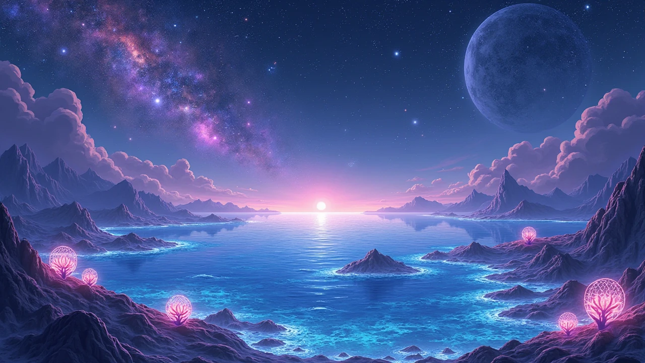 A panoramic view of an alien ocean with floating islands on a moon in the Zephyris Galaxy, bioluminescent waves in shades of blue and purple, glowing coral structures on the islands, a starry sky with a nebula above, a serene and mystical atmosphere, anime fantasy style, highly detailed, vibrant colors of blue, purple, and white, cinematic lighting with glowing effects, ethereal ambiance, 8K resolution, --ar 16:9