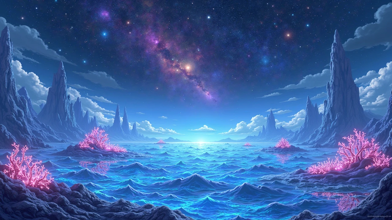 A panoramic view of an alien ocean with floating islands on a moon in the Zephyris Galaxy, bioluminescent waves in shades of blue and purple, glowing coral structures on the islands, a starry sky with a nebula above, a serene and mystical atmosphere, anime fantasy style, highly detailed, vibrant colors of blue, purple, and white, cinematic lighting with glowing effects, ethereal ambiance, 8K resolution, --ar 16:9