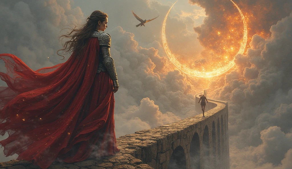 A warrior queen stands at the edge of a broken sky bridge, her once-glowing armor cracked from battles fought for love. Behind her, a kingdom of memories crumbles into floating embers; in her hand, a shattered locket leaks soft light like stardust. She looks forward into the stormy void with unwavering eyes, casting away a glowing rune that once tethered her to a lost love—a phantom knight now walking away through mist, holding hands with a faceless shadow. The scene pulses with defiance and heartbreak: torn banners caught in wind, thunderclouds parting slightly to reveal rising light. Her dragon companion circles above, ready to fly her beyond the ashes. Color palette: deep crimson, stormy gray, with glints of silver and gold signifying resilience.