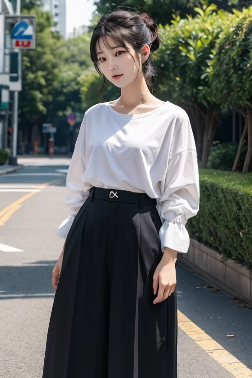 (masterpiece, highest quality, RAW Photos, Surrealism, 8k, Very detailed, so beautiful), 
(Anatomically correct, The perfect human body, Silky skin, Realistic Skin, country, 17 years old, Japanese Girls, Bored face, Narrow waist, Thin legs, Large Breasts, Baby Face, Beautiful and cute face), 
(Round face, Black Hair, Watery eyes, Shining Eyes, Short Bob Cut, bangs, Lowered eyebrows), 
(Turn your body forward), (View your viewers), 
(Smile of the Goddess), 
(Flared long skirt, White T-shirt,rucksack)
(Morning commute to school, City Sidewalk, Tokyo, Luxury Buildings, Most pedestrians), 
Natural light, full length, whole body, Angle from below
