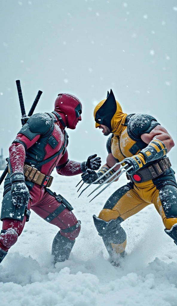 Deadpool & wolverine with do fight with snow blood background 
