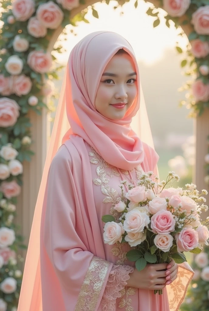 buatlah gambar 2 orang,laki-laki memakaj peci (pengantin) dan perempuan memakai hijab (pengantin), yang sedang akad nikah
