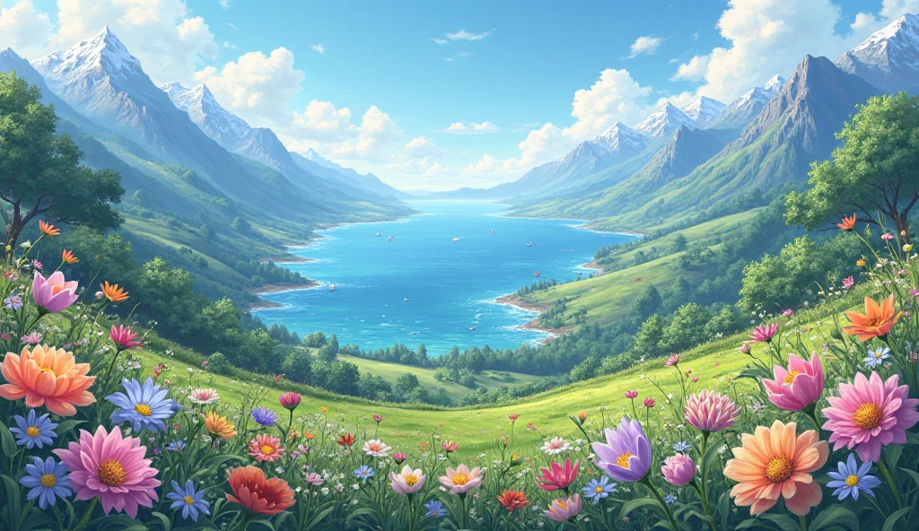 
5. Valley Scene:
A beautiful valley with ocean on one side and mountains on the other, flowers in foreground

