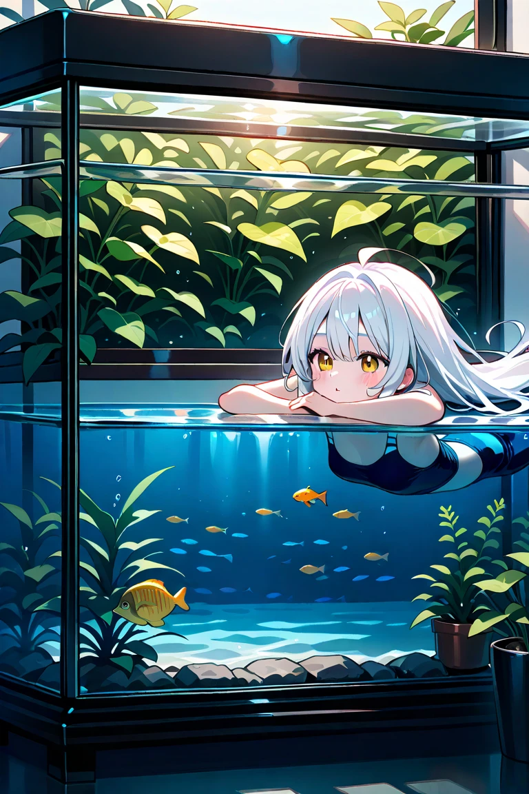 underwater, triangle sitting, one girl closeup, elf, silver hair, red eyes, wave long, swimsuit, bikini, concept art, beautiful anime scene, top rated on pixiv