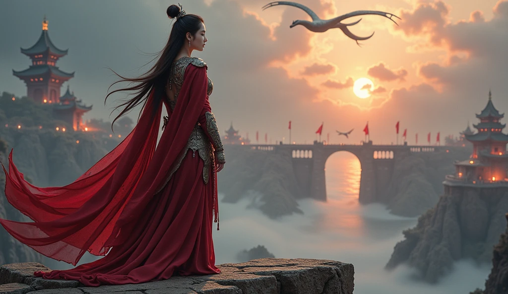 A warrior asian chinese queen stands at the edge of a broken sky bridge, her once-glowing armor cracked from battles fought for love. Behind her, a kingdom of memories crumbles into floating embers; in her hand, a shattered locket leaks soft light like stardust. She looks forward into the stormy void with unwavering eyes, casting away a glowing rune that once tethered her to a lost love—a phantom knight now walking away through mist, holding hands with a faceless shadow. The scene pulses with defiance and heartbreak: torn banners caught in wind, thunderclouds parting slightly to reveal rising light. Her dragon companion circles above, ready to fly her beyond the ashes. Color palette: deep crimson, stormy gray, with glints of silver and gold signifying resilience.