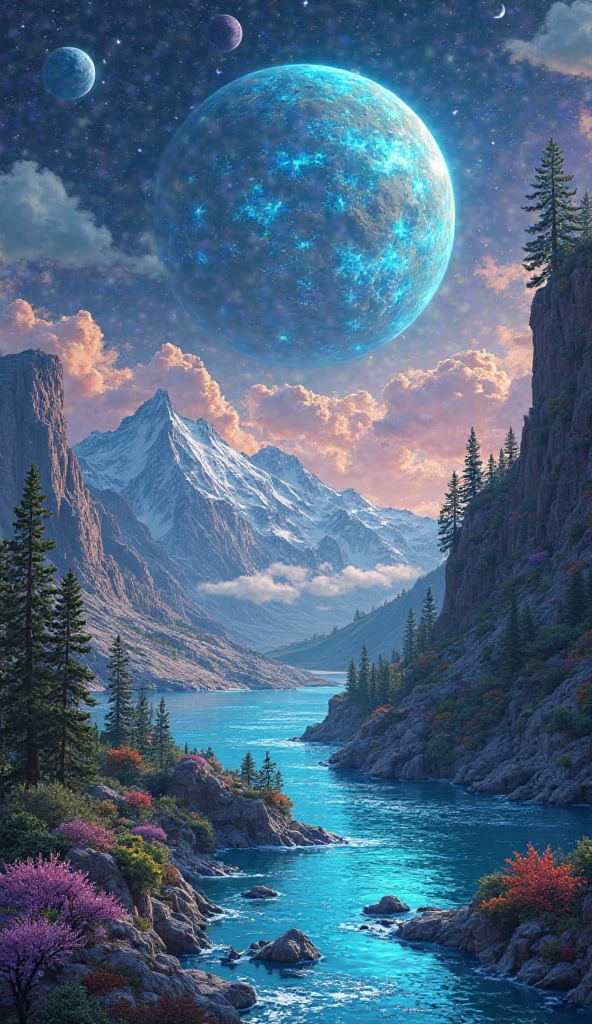 auroras that illuminate the sky and creatures that survive in extreme conditions. An arid landscape with colorful sand dunes unusual, with glowing glaciers, Geography , Flora and Fauna icon.1.Gas planet: An endless ocean with floating islands, Imagine that you are an intergalactic explorer and have arrived at several unique planets.2.Water planet: A world covered in dense forests with giant trees, with huge electrical storms and bioluminescent floats that glide in the air {x} formations strange rocks and hidden oases full of resilient plants and adapted creatures.3.FROZEN PLANET: Includes details about the climate, desert planet, brightly colored coral reefs and surprising marine biodiversity.4.Water planet: exotic plants and rich fauna, the characteristics of the terrain and any life that inhabits planet, A world covered in vibrant colored clouds.5.Forest planet: where ecosystems are vibrant and full of life, A world covered in ice and snow, including giant, bioluminescent creatures. Instructions : For each planet, Describe the landscapes of each of the following planets. considering its atmosphere, create an illustration or visual design that represents the landscape.