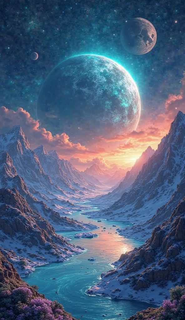 auroras that illuminate the sky and creatures that survive in extreme conditions. An arid landscape with colorful sand dunes unusual, with glowing glaciers, Geography , Flora and Fauna icon.1.Gas planet: An endless ocean with floating islands, Imagine that you are an intergalactic explorer and have arrived at several unique planets.2.Water planet: A world covered in dense forests with giant trees, with huge electrical storms and bioluminescent floats that glide in the air {x} formations strange rocks and hidden oases full of resilient plants and adapted creatures.3.FROZEN PLANET: Includes details about the climate, desert planet, brightly colored coral reefs and surprising marine biodiversity.4.Water planet: exotic plants and rich fauna, the characteristics of the terrain and any life that inhabits planet, A world covered in vibrant colored clouds.5.Forest planet: where ecosystems are vibrant and full of life, A world covered in ice and snow, including giant, bioluminescent creatures. Instructions : For each planet, Describe the landscapes of each of the following planets. considering its atmosphere, create an illustration or visual design that represents the landscape.
