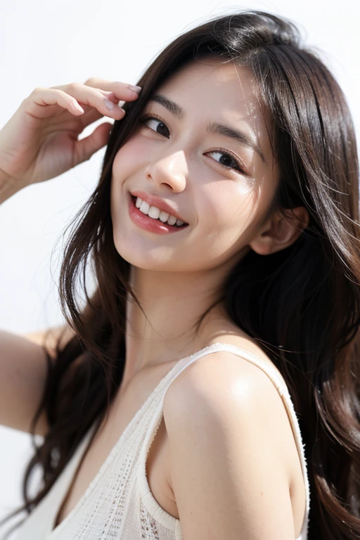 1 girl, (Summer clothing:1.2), Very beautiful Japanese idol portraits,
(RAW Photos, Highest quality), (Realistic, Realistic:1.4), (masterpiece),
Very delicate and beautiful, Very detailed, 2k wallpaper, wonderful, finely, Very detailed CG Unity 8K wallpaper, Very detailed, High resolution, Soft Light,
Beautiful detailed girl, Very detailed eyes and face, Beautiful and sophisticated nose, Beautiful and beautiful eyes, Cinema Lighting,
(Simple light color background:1.3),
(Semi-long hair),
Complete Anatomy, Slender body, Small breasts, smile
