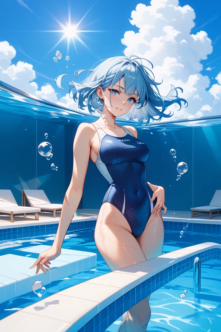 Small breasts, medium hair, light blue hair, 1girl, blue eyes, school swimsuit, partially submerged, pool, full-face blush