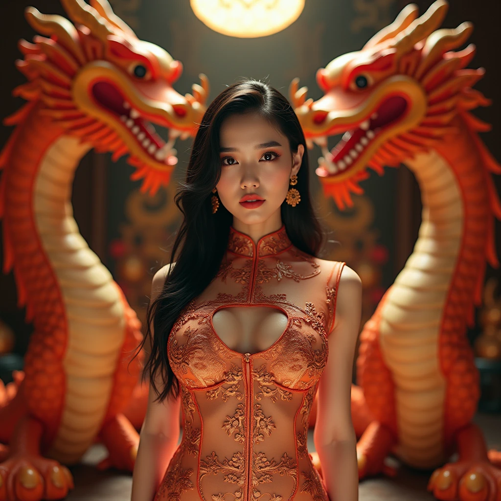 The wide-angle shot frames the stunning 24-year-old Korean beauty, confidently poses in front of a majestic dragon. The eye-catching big-breasted girl wearing a transparent dragon-patterned cheongsam featuring voluptuous curves and toned legs, barely covered by the thigh-high cleavage of the dress. Her porcelain skin glistened under the camera spotlight as she displayed her perky face and smoldering eyes with dark-colored eyeshadow. A wide-open pomegranate red lip, frames her perfect teeth. Her dark black hair was slicked over her shoulders in loose waves, while behind him, a fiery dragon with three heads standing upright, her red eyes are fixed on the viewer. The dragon's chest bears the inscription 'WINNING303'. The background is the interior of the royal castle the luxurious, surrounded by giant dragon figurines.