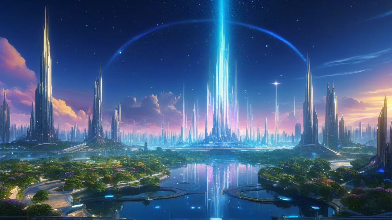 A breathtaking panoramic view of a futuristic crystal city on the planet Aetheris in the Nebulon Galaxy, glowing with rainbow light, towering crystal skyscrapers with smooth, translucent surfaces reflecting light in all directions, intricate geometric patterns on the buildings, floating gardens with glowing flowers hovering in the air, a serene and peaceful atmosphere, soft morning light casting a golden glow, a starry sky in the background, anime fantasy style, highly detailed, vibrant colors of white, blue, and gold, cinematic lighting with rainbow reflections, ethereal and magical ambiance, 8K resolution, --ar 16:9