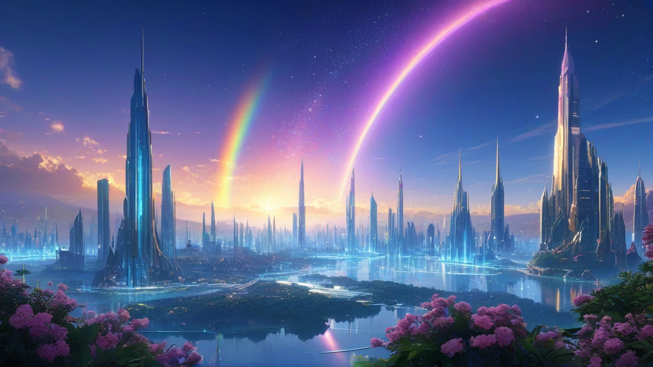 A breathtaking panoramic view of a futuristic crystal city on the planet Aetheris in the Nebulon Galaxy, glowing with rainbow light, towering crystal skyscrapers with smooth, translucent surfaces reflecting light in all directions, intricate geometric patterns on the buildings, floating gardens with glowing flowers hovering in the air, a serene and peaceful atmosphere, soft morning light casting a golden glow, a starry sky in the background, anime fantasy style, highly detailed, vibrant colors of white, blue, and gold, cinematic lighting with rainbow reflections, ethereal and magical ambiance, 8K resolution, --ar 16:9
