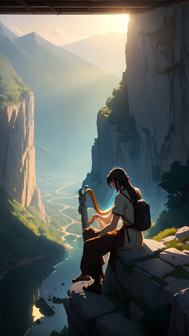 a calm anime man sitting on a cliff playing a harp, long brown hair, ancient greek style clothes, scenic mountain valley in the background, soft golden sunlight, highly detailed, cinematic lighting, dynamic pose, peaceful mood, anime style, art by Makoto Shinkai, Studio Ghibli style