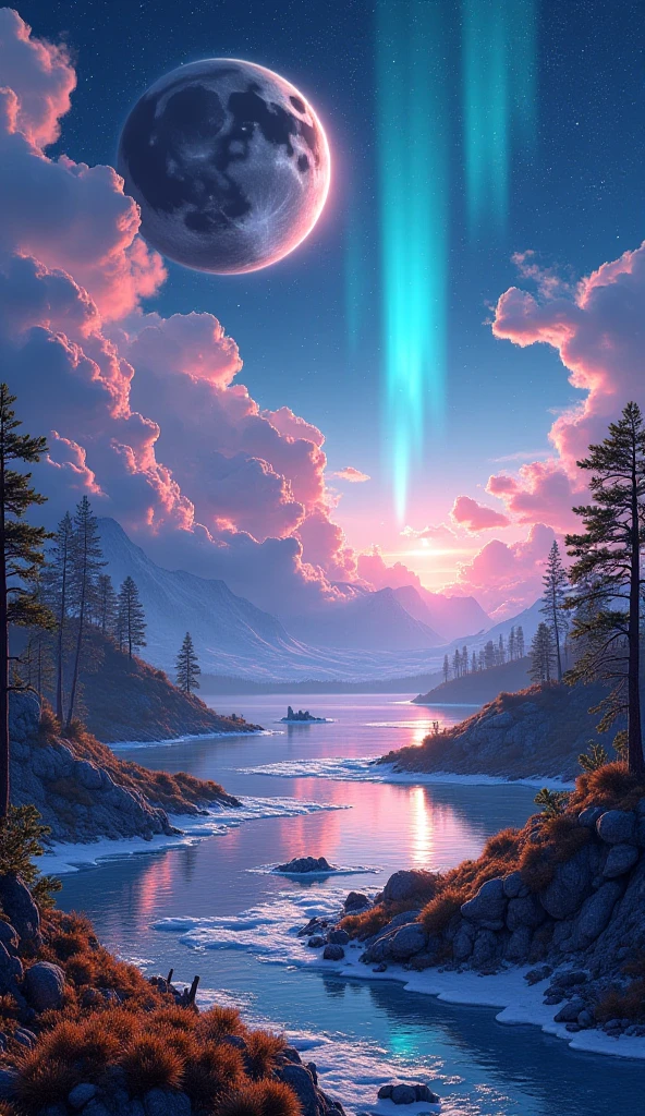 auroras that illuminate the sky and creatures that survive in extreme conditions. An arid landscape with colorful sand dunes unusual, with glowing glaciers, Geography , Flora and Fauna icon.1.Gas planet: An endless ocean with floating islands, Imagine that you are an intergalactic explorer and have arrived at several unique planets.2.Water planet: A world covered in dense forests with giant trees, with huge electrical storms and bioluminescent floats that glide in the air {x} formations strange rocks and hidden oases full of resilient plants and adapted creatures.4.Water planet: exotic plants and rich fauna, the characteristics of the terrain and any life that inhabits planet, A world covered in vibrant colored clouds.5.Forest planet: where ecosystems are vibrant and full of life, A world covered in ice and snow, including giant, bioluminescent creatures. Instructions : For each planet, Describe the landscapes of each of the following planets. considering its atmosphere, create an illustration or visual design that represents the landscape.