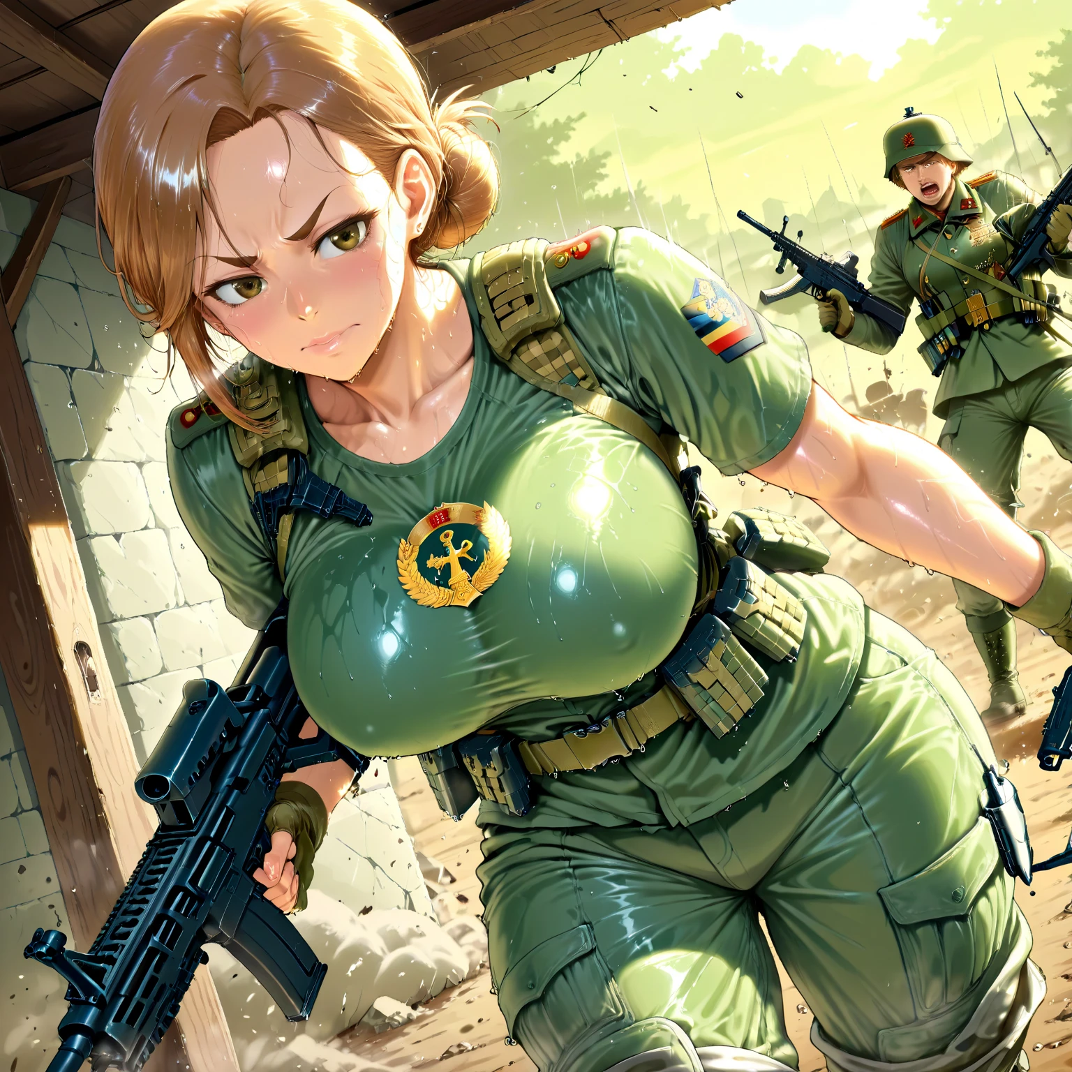 19-year-old Russian women, 2girls, lesbians, fair skin, short blonde hair, dressed in a green minidress, clubbing outfit, apocalyptic wasteland, daytime, good lighting, desert, rusted hulks, military