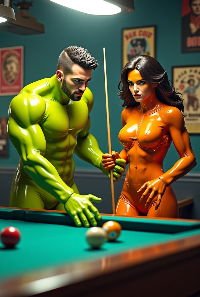 score_9, score_8, score_7_up, Female cyborg playing billiards in full view of horny butches, she bends over sexily to drive the ball into the hole. The lighting is dimmed and diffused by cigar smoke. The air smells of alcohol and masculinity. All the men around her greedily undress her with their eyes and literally want to fuck her, right there on the table, in a perverse way