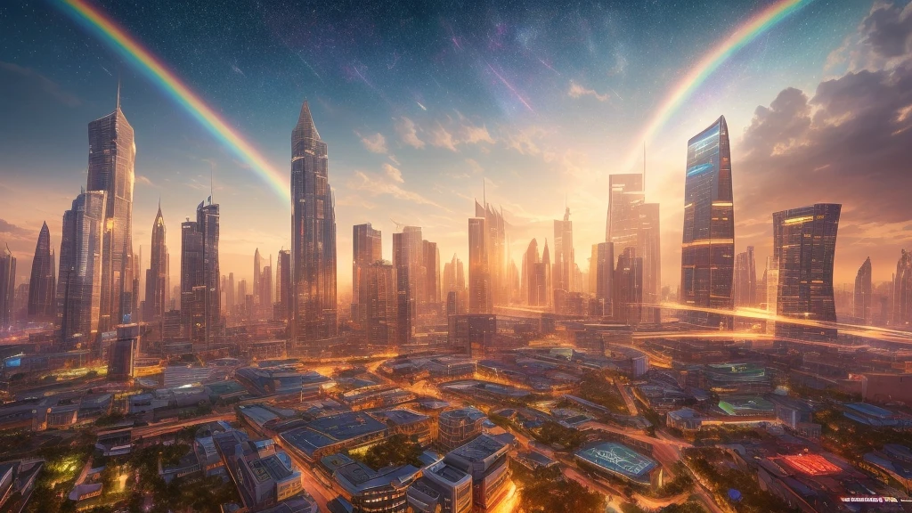 A breathtaking panoramic view of a futuristic crystal city on the planet Aetheris in the Nebulon Galaxy, glowing with rainbow light, towering crystal skyscrapers with smooth, translucent surfaces reflecting light in all directions, intricate geometric patterns on the buildings, floating gardens with glowing flowers hovering in the air, a serene and peaceful atmosphere, soft morning light casting a golden glow, a starry sky in the background, anime fantasy style, highly detailed, vibrant colors of white, blue, and gold, cinematic lighting with rainbow reflections, ethereal and magical ambiance, 8K resolution, --ar 16:9