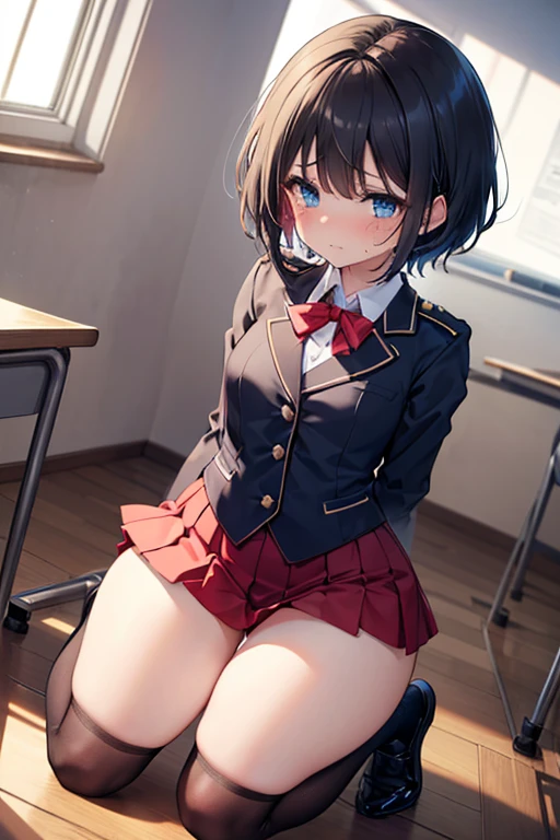 (A beautiful woman、slender), perfect anatomy, High school girls、uniform、Trying to take off her panties、pussy juice, classroom、17 years old、Glossy lipasterpiece、highest quality、black hair, messy hair, (8k, High resolution)、(embarrassed:1.4)、(blush)、 small breast