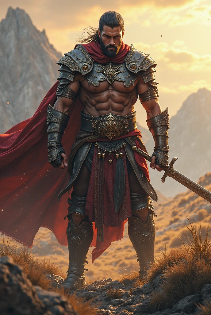 Create the image of a muscular and fierce medieval warrior, fighting in a war