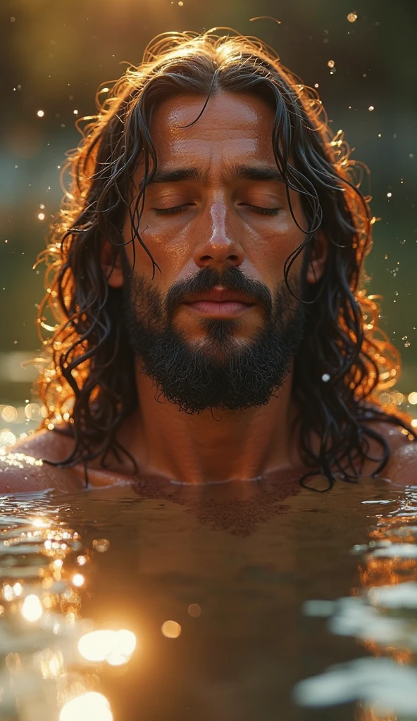Jesus Christ IS LOOKING UP, wet face, wet hair, image focused on his face, camera is focusing on his face, 8k ultra realistic image, The style is a realistic photograph using a 50mm lens in 8k and applying contrast --ar 1920:1080 --v 5.2