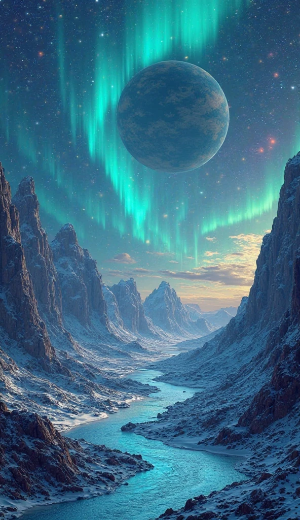 auroras that illuminate the sky and creatures that survive in extreme conditions. An arid landscape with colorful sand dunes unusual, with glowing glaciers, Geography , Flora and fauna

2.Water planet: A world covered in dense forests with giant trees, with huge electrical storms and bioluminescent floats that glide in the air {x} formations strange rocks and hidden oases full of resilient plants and adapted creatures.4.Water planet: exotic plants and rich fauna, the characteristics of the terrain and any life that inhabits planet, A world covered in vibrant colored clouds.5.Forest planet: where ecosystems are vibrant and full of life, A world covered in ice and snow, including giant, bioluminescent creatures. Instructions : For each planet, Describe the landscapes of each of the following planets. considering its atmosphere, create an illustration or visual design that represents the landscape.